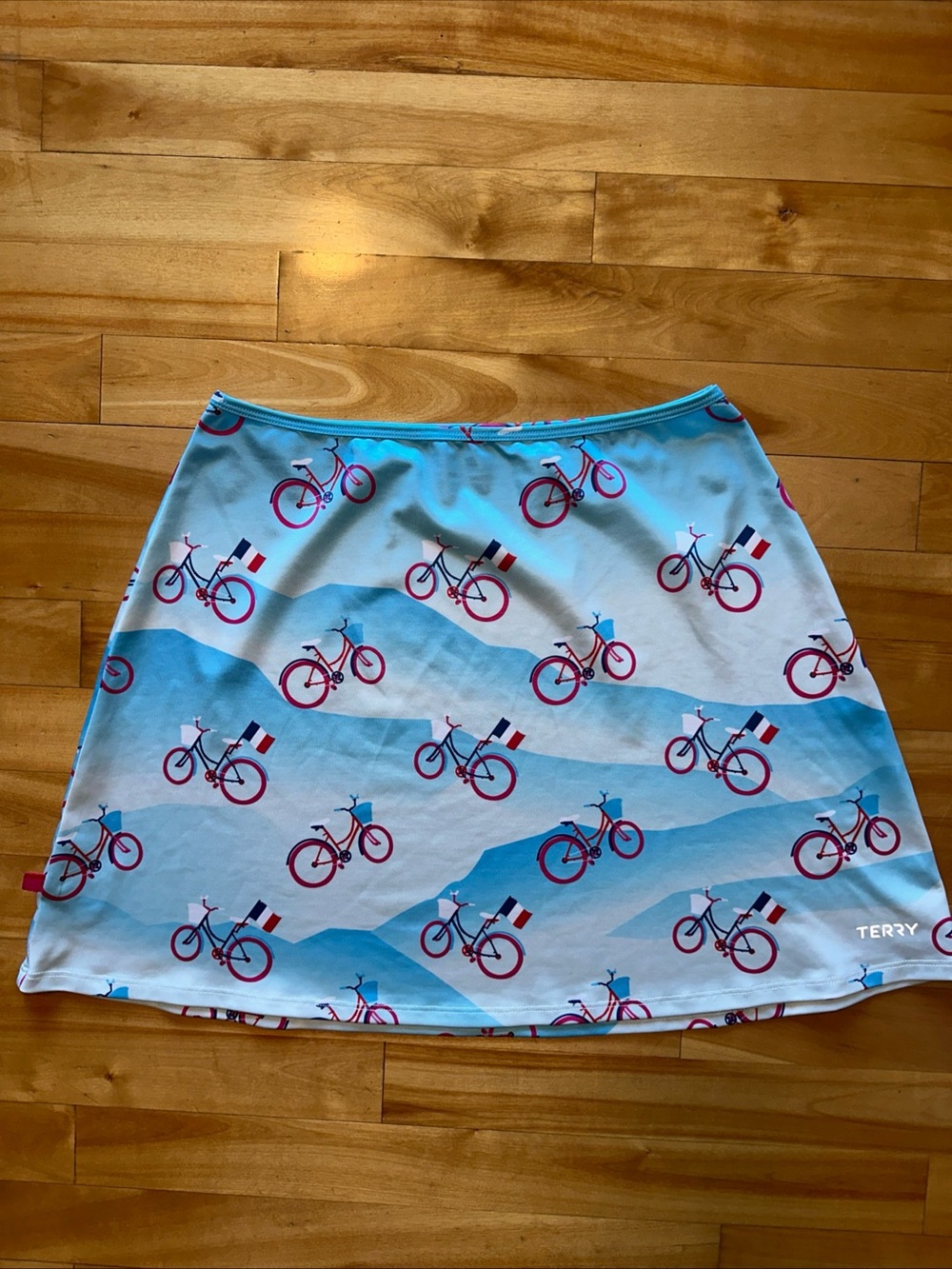 Terry Light Blue A-Line Skirt with Red Bicycle Print